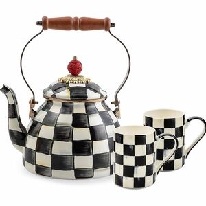 New MacKenzie-Childs Courtly Check 2-Quart Tea Kettle and 2 pc Coffee Mug Set
